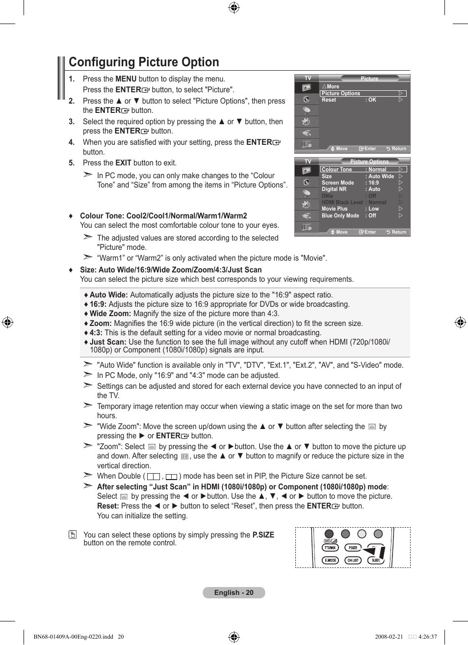 Configuring picture option | Samsung LE40A556P1F User Manual | Page 22 / 564