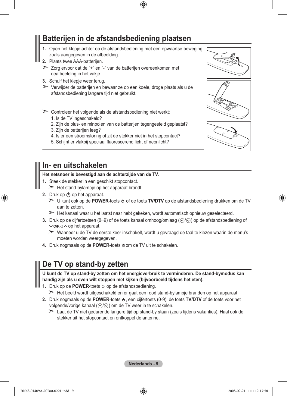 Batterijen in de afstandsbediening plaatsen, In- en uitschakelen, De tv op stand-by zetten | Samsung LE40A556P1F User Manual | Page 221 / 564