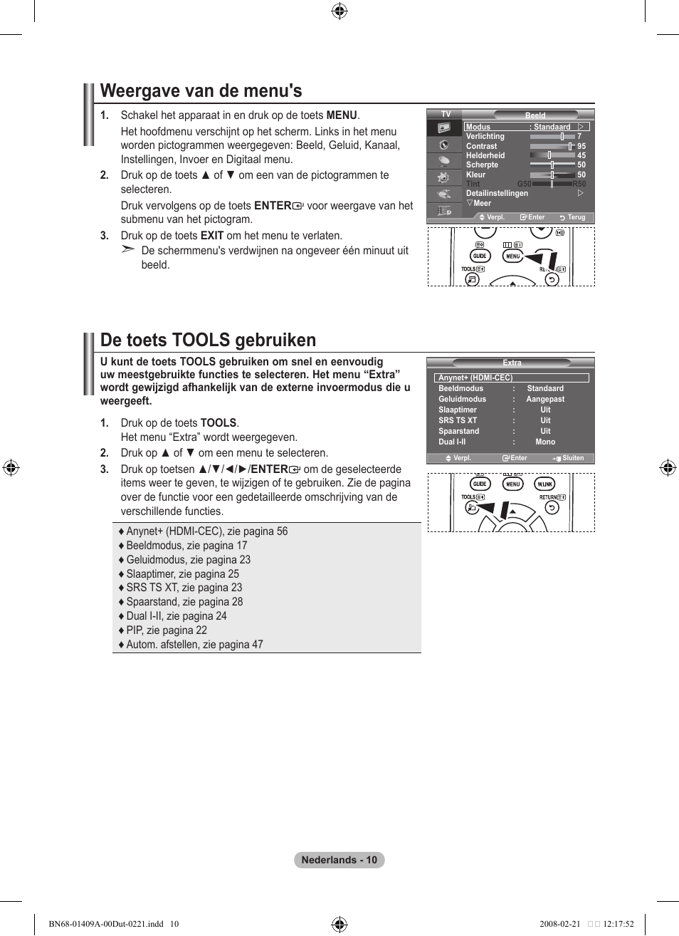 Weergave van de menu's, De toets tools gebruiken | Samsung LE40A556P1F User Manual | Page 222 / 564