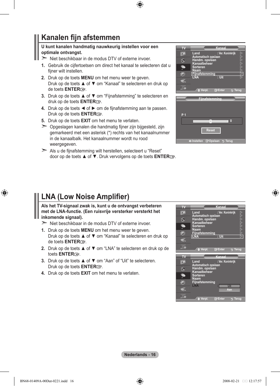 Kanalen fijn afstemmen, Lna (low noise amplifier) | Samsung LE40A556P1F User Manual | Page 228 / 564