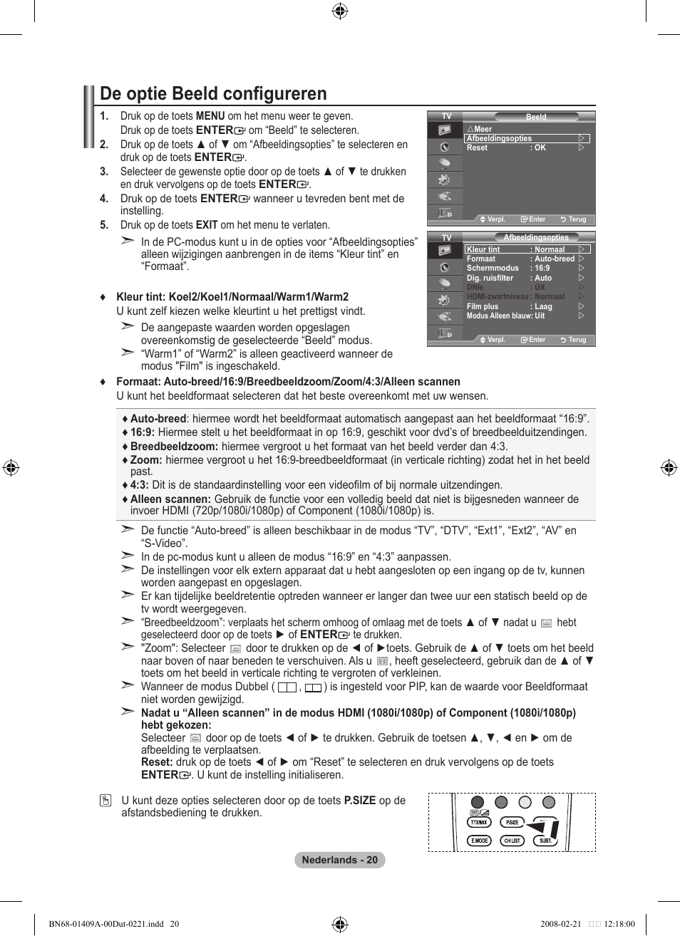 De optie beeld configureren | Samsung LE40A556P1F User Manual | Page 232 / 564
