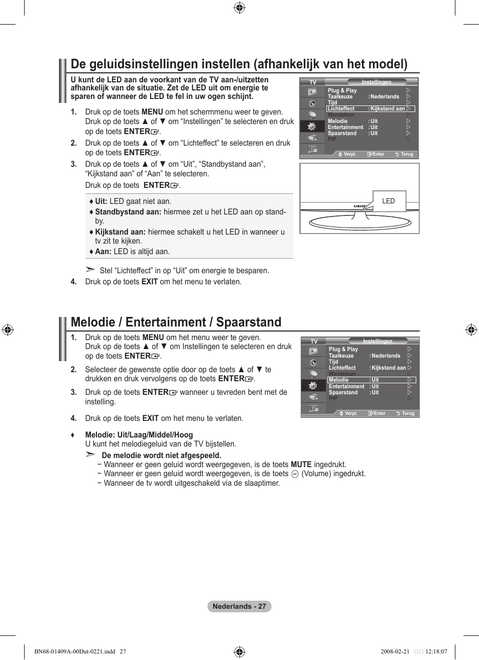 Melodie / entertainment / spaarstand | Samsung LE40A556P1F User Manual | Page 239 / 564