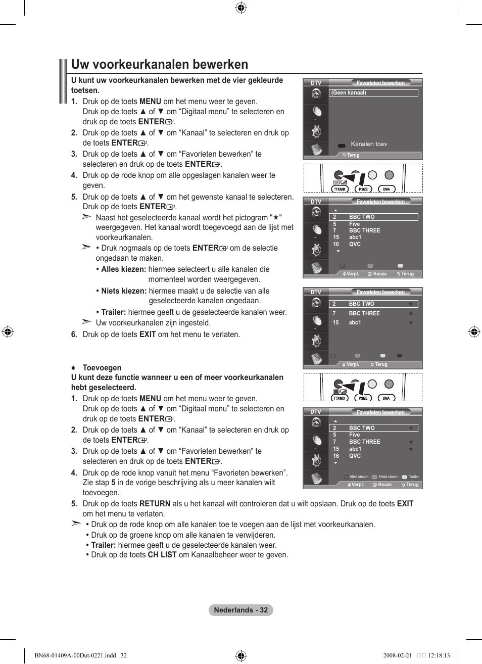 Uw voorkeurkanalen bewerken | Samsung LE40A556P1F User Manual | Page 244 / 564