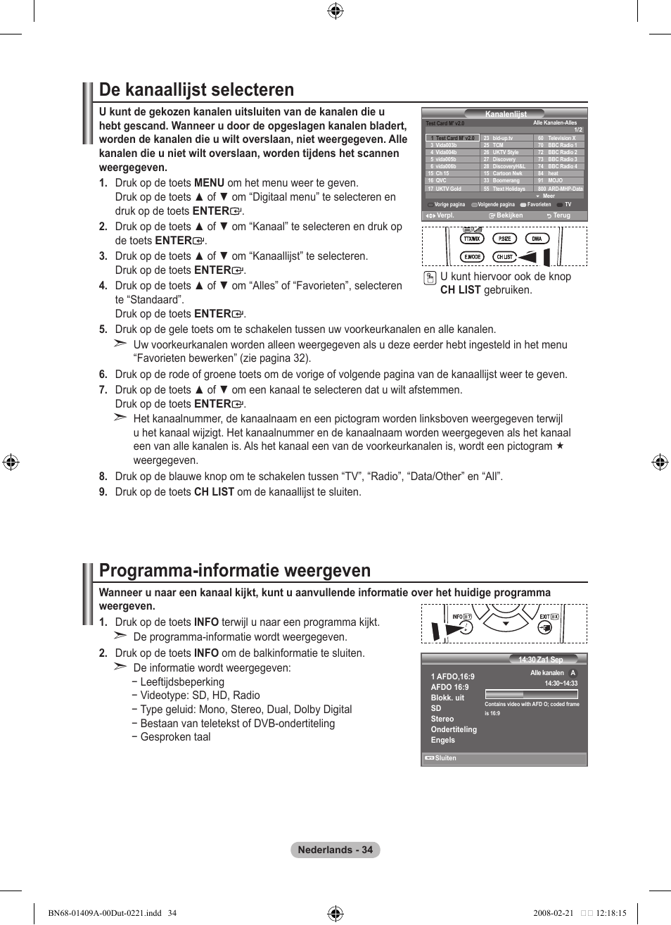 De kanaallijst selecteren, Programma-informatie weergeven | Samsung LE40A556P1F User Manual | Page 246 / 564