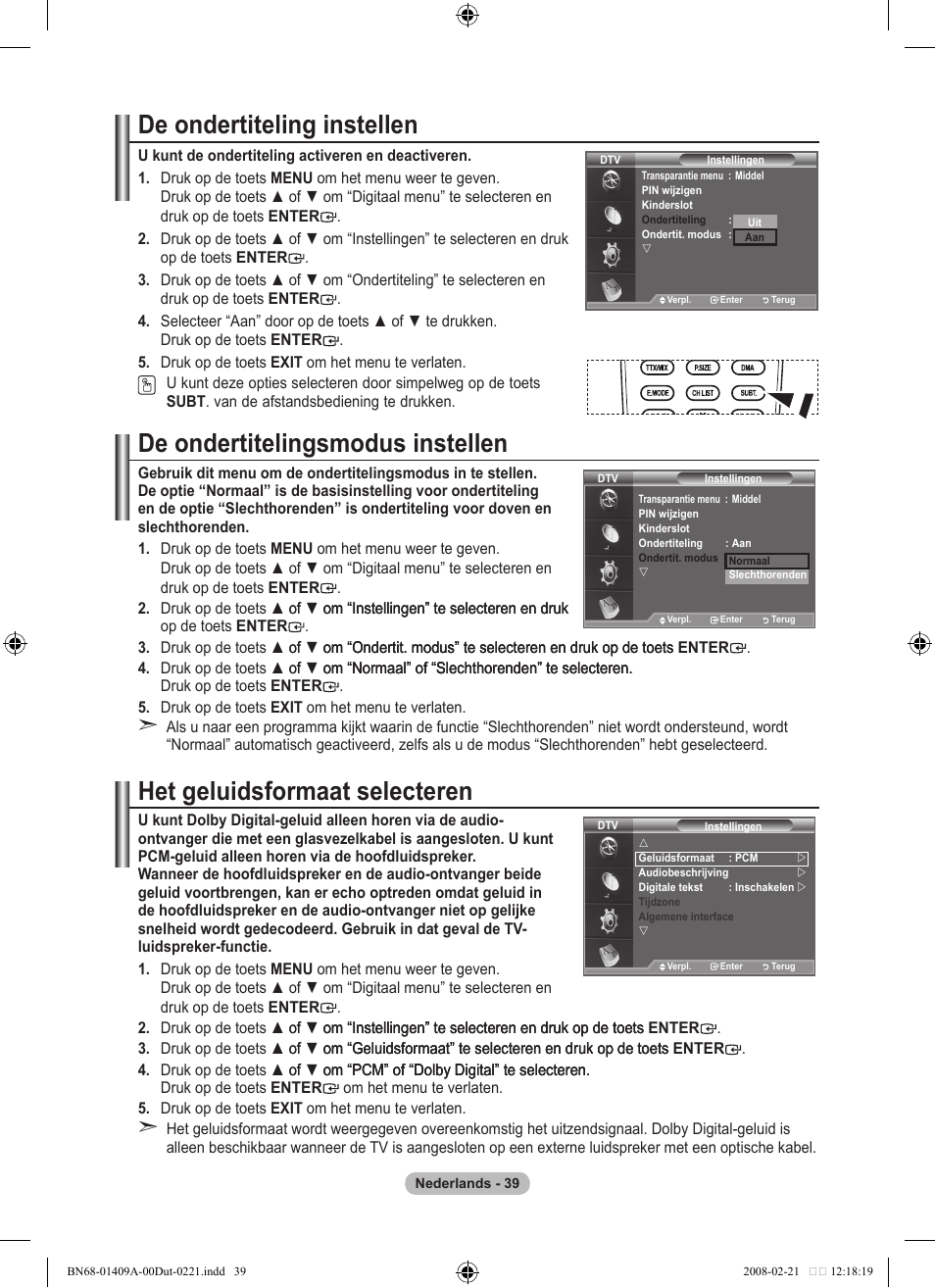 De ondertiteling instellen, De ondertitelingsmodus instellen, Het geluidsformaat selecteren | Samsung LE40A556P1F User Manual | Page 251 / 564
