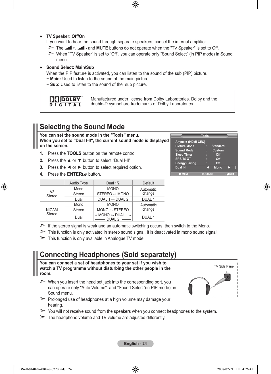 Selecting the sound mode, Connecting headphones (sold separately) | Samsung LE40A556P1F User Manual | Page 26 / 564
