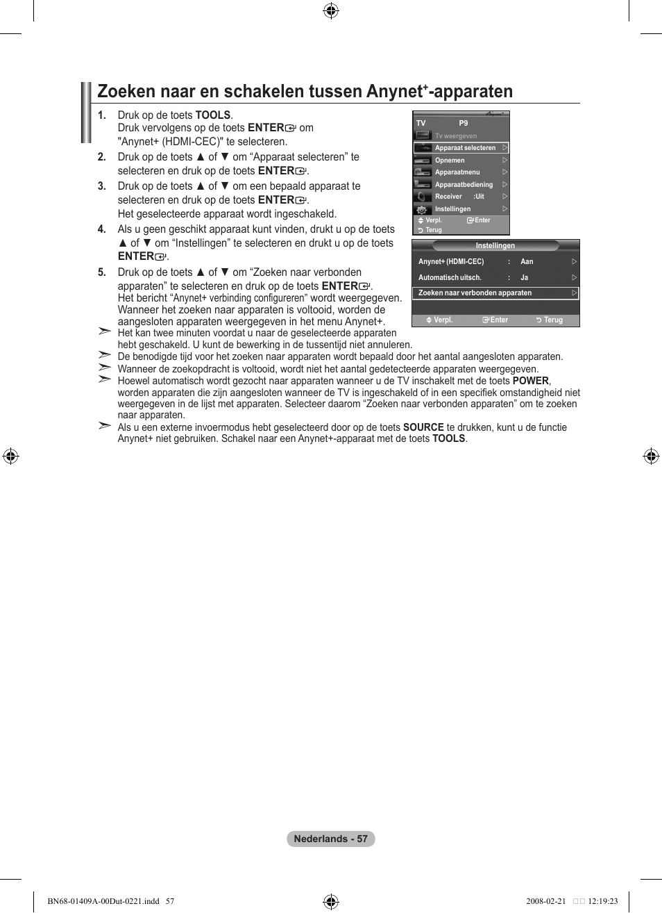 Zoeken naar en schakelen tussen anynet, Apparaten | Samsung LE40A556P1F User Manual | Page 269 / 564