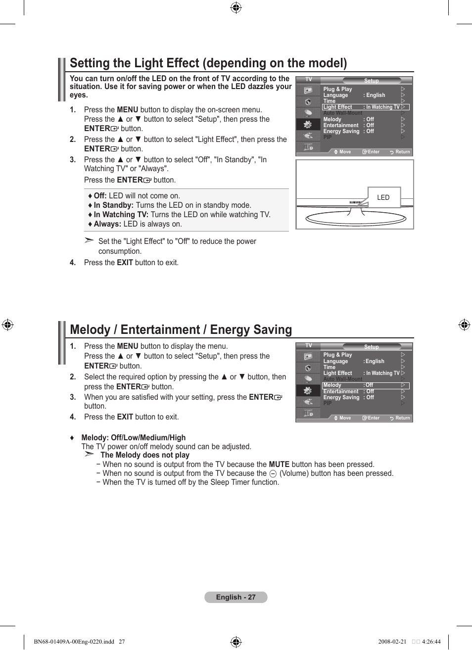 Setting the light effect (depending on the model), Melody / entertainment / energy saving | Samsung LE40A556P1F User Manual | Page 29 / 564