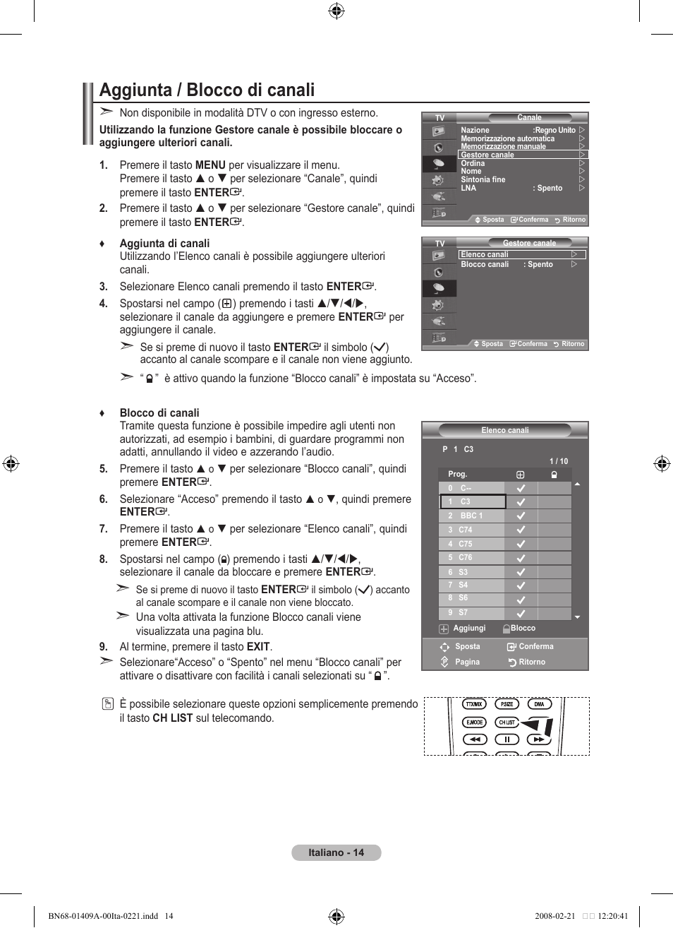Aggiunta / blocco di canali | Samsung LE40A556P1F User Manual | Page 296 / 564