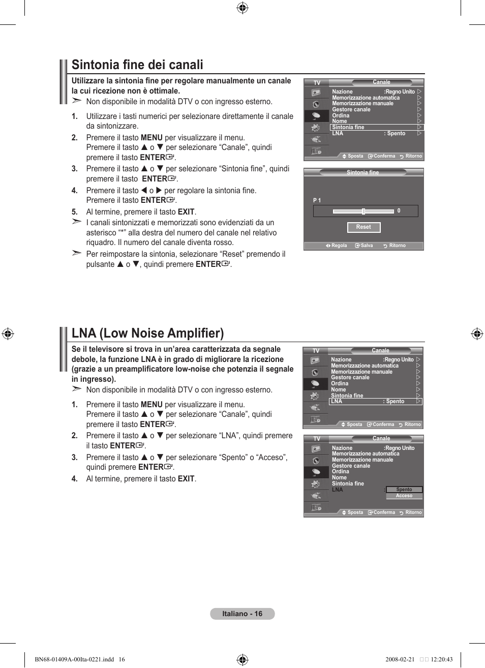 Sintonia fine dei canali, Lna (low noise amplifier) | Samsung LE40A556P1F User Manual | Page 298 / 564
