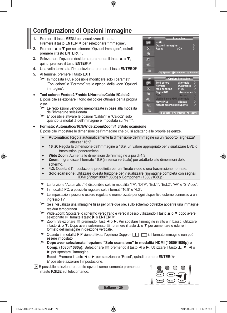Configurazione di opzioni immagine | Samsung LE40A556P1F User Manual | Page 302 / 564