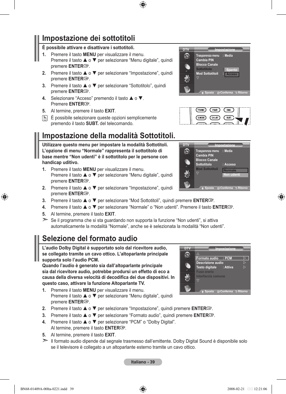 Impostazione dei sottotitoli, Impostazione della modalità sottotitoli, Selezione del formato audio | Samsung LE40A556P1F User Manual | Page 321 / 564
