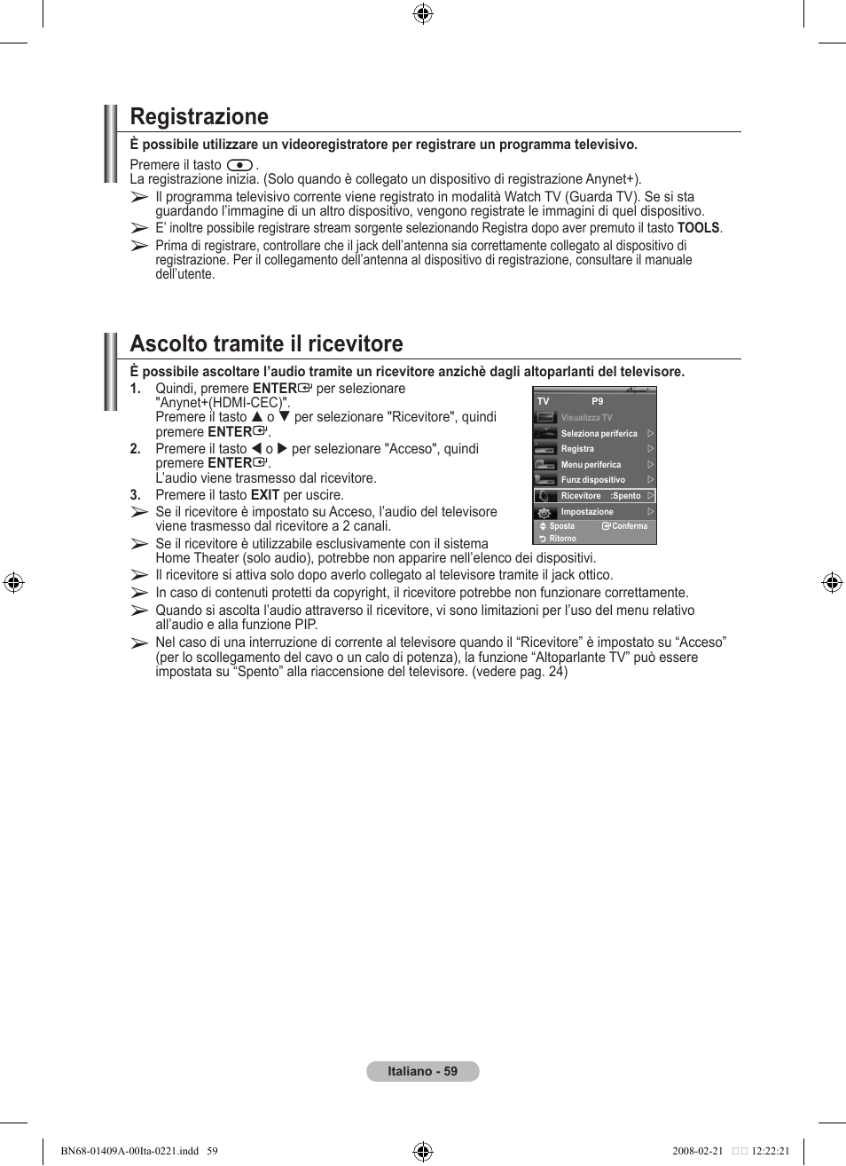 Registrazione, Ascolto tramite il ricevitore | Samsung LE40A556P1F User Manual | Page 341 / 564