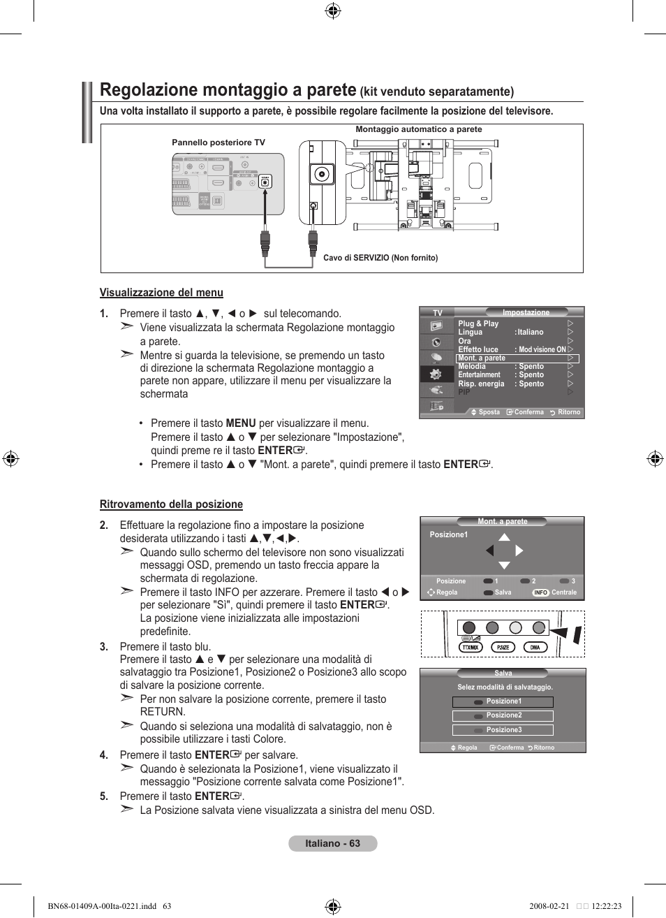 Regolazione montaggio a parete, Kit venduto separatamente) | Samsung LE40A556P1F User Manual | Page 345 / 564