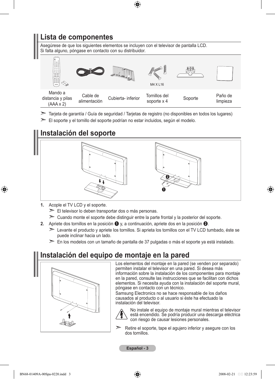 Instalación del soporte, Instalación del equipo de montaje en la pared, Lista de componentes | Samsung LE40A556P1F User Manual | Page 357 / 564