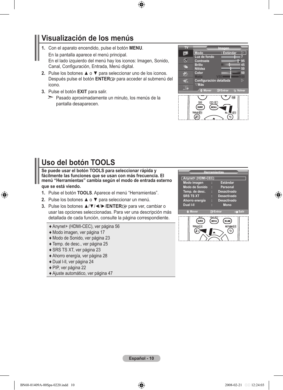 Visualización de los menús, Uso del botón tools | Samsung LE40A556P1F User Manual | Page 364 / 564