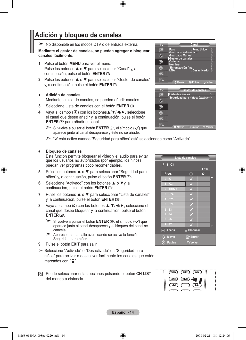 Adición y bloqueo de canales | Samsung LE40A556P1F User Manual | Page 368 / 564