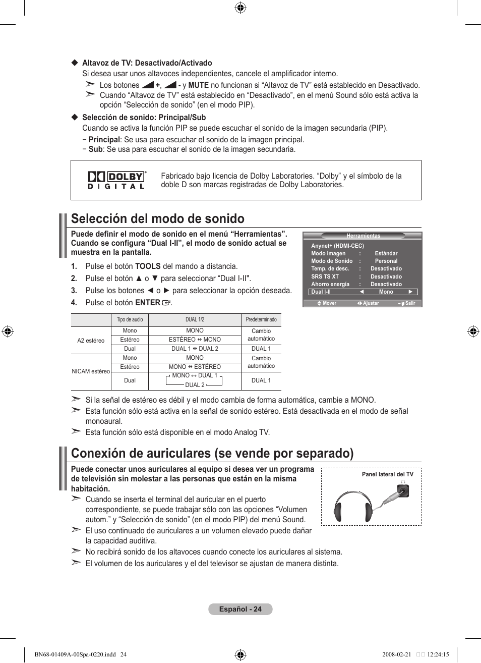 Selección del modo de sonido, Conexión de auriculares (se vende por separado) | Samsung LE40A556P1F User Manual | Page 378 / 564