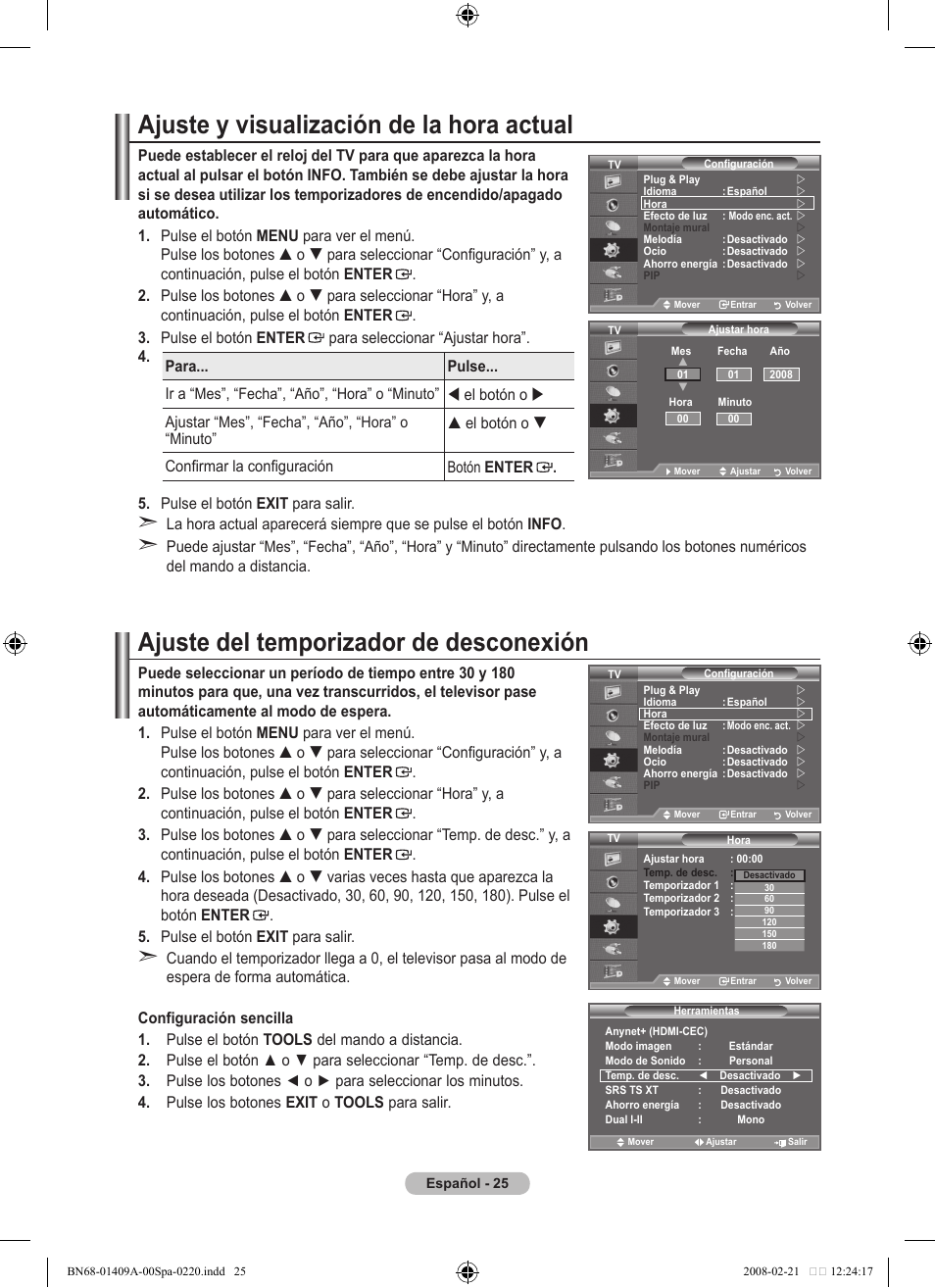 Ajuste y visualización de la hora actual, Ajuste del temporizador de desconexión, Para... pulse... ir a | El botón o  ajustar | Samsung LE40A556P1F User Manual | Page 379 / 564