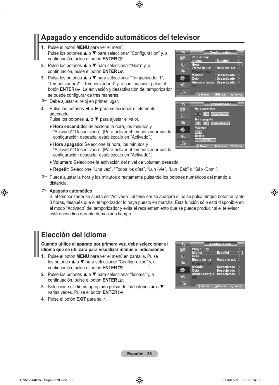 Apagado y encendido automáticos del televisor, Elección del idioma | Samsung LE40A556P1F User Manual | Page 380 / 564