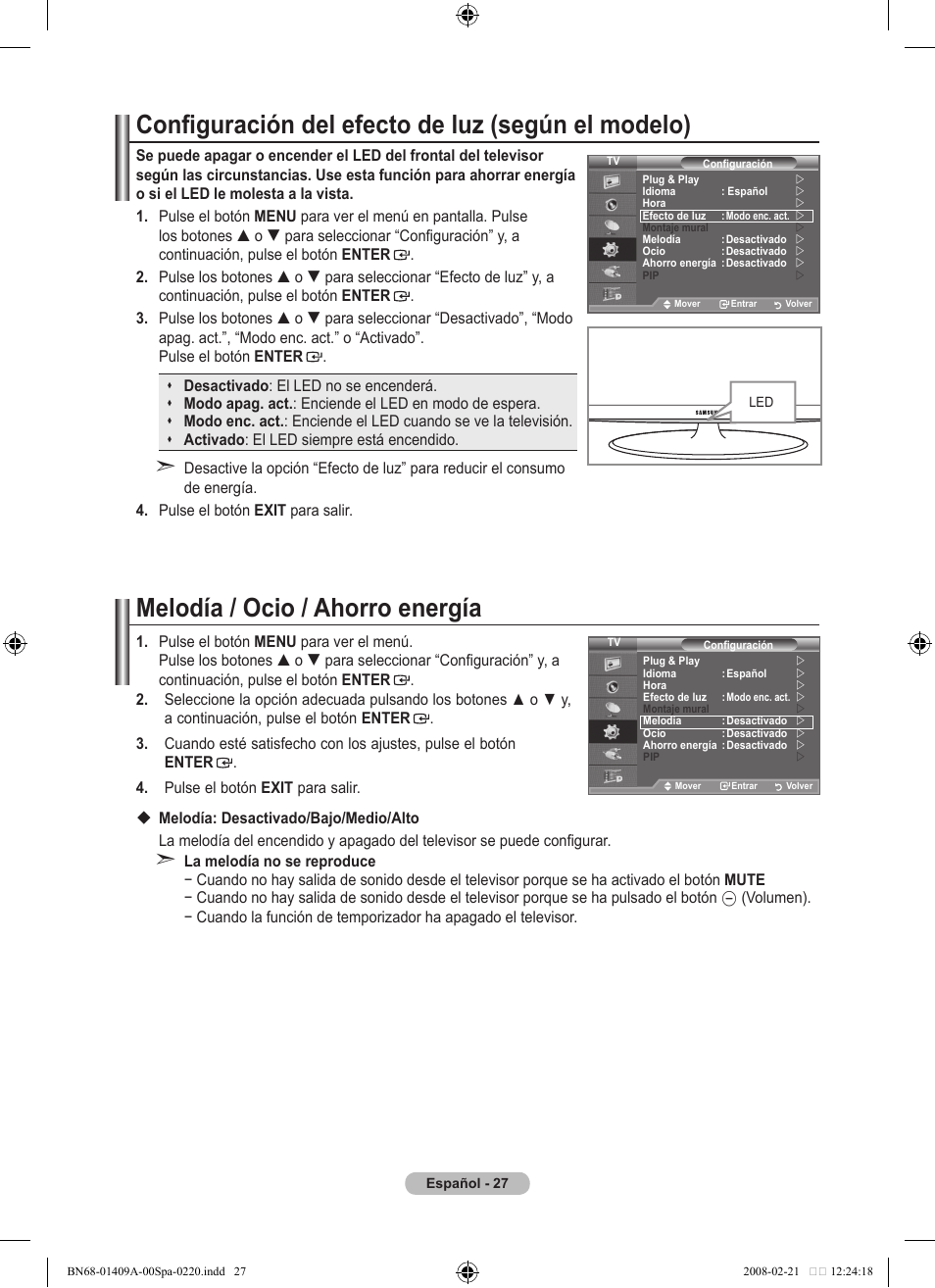 Configuración del efecto de luz (según el modelo), Melodía / ocio / ahorro energía | Samsung LE40A556P1F User Manual | Page 381 / 564