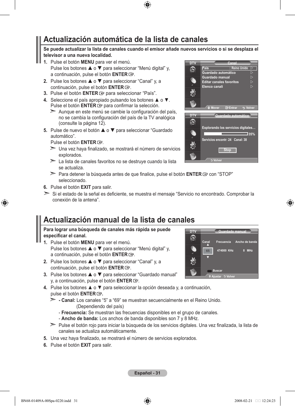 Actualización automática de la lista de canales, Actualización manual de la lista de canales | Samsung LE40A556P1F User Manual | Page 385 / 564