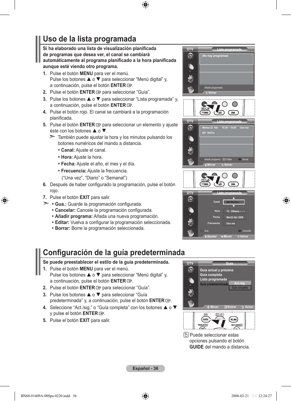 Uso de la lista programada, Configuración de la guía predeterminada | Samsung LE40A556P1F User Manual | Page 390 / 564
