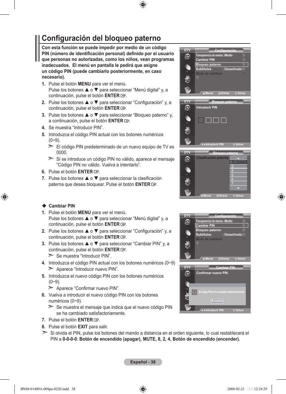 Configuración del bloqueo paterno | Samsung LE40A556P1F User Manual | Page 392 / 564