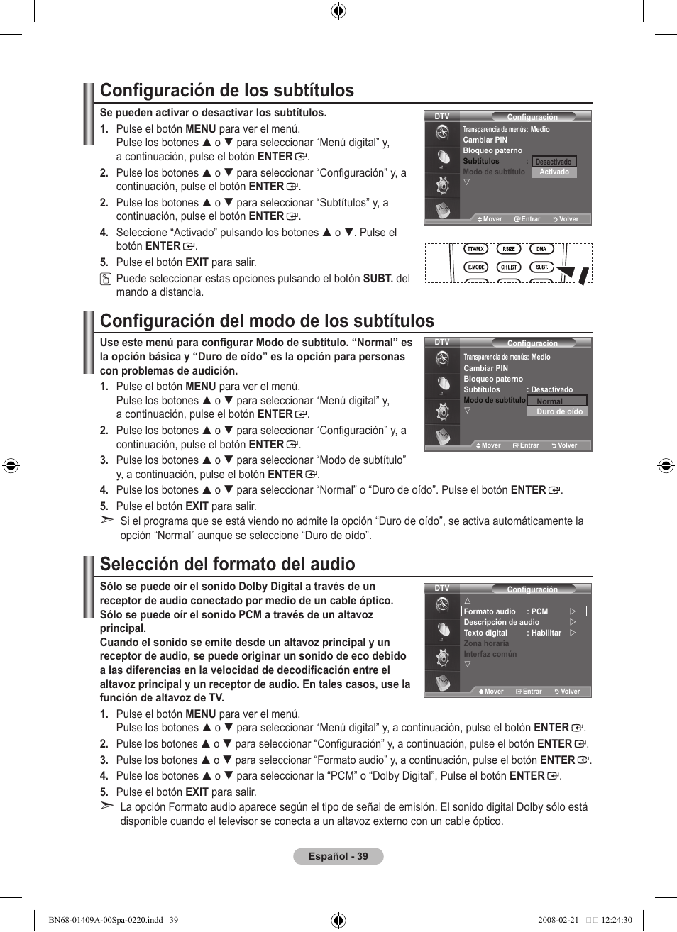 Configuración de los subtítulos, Configuración del modo de los subtítulos, Selección del formato del audio | Samsung LE40A556P1F User Manual | Page 393 / 564