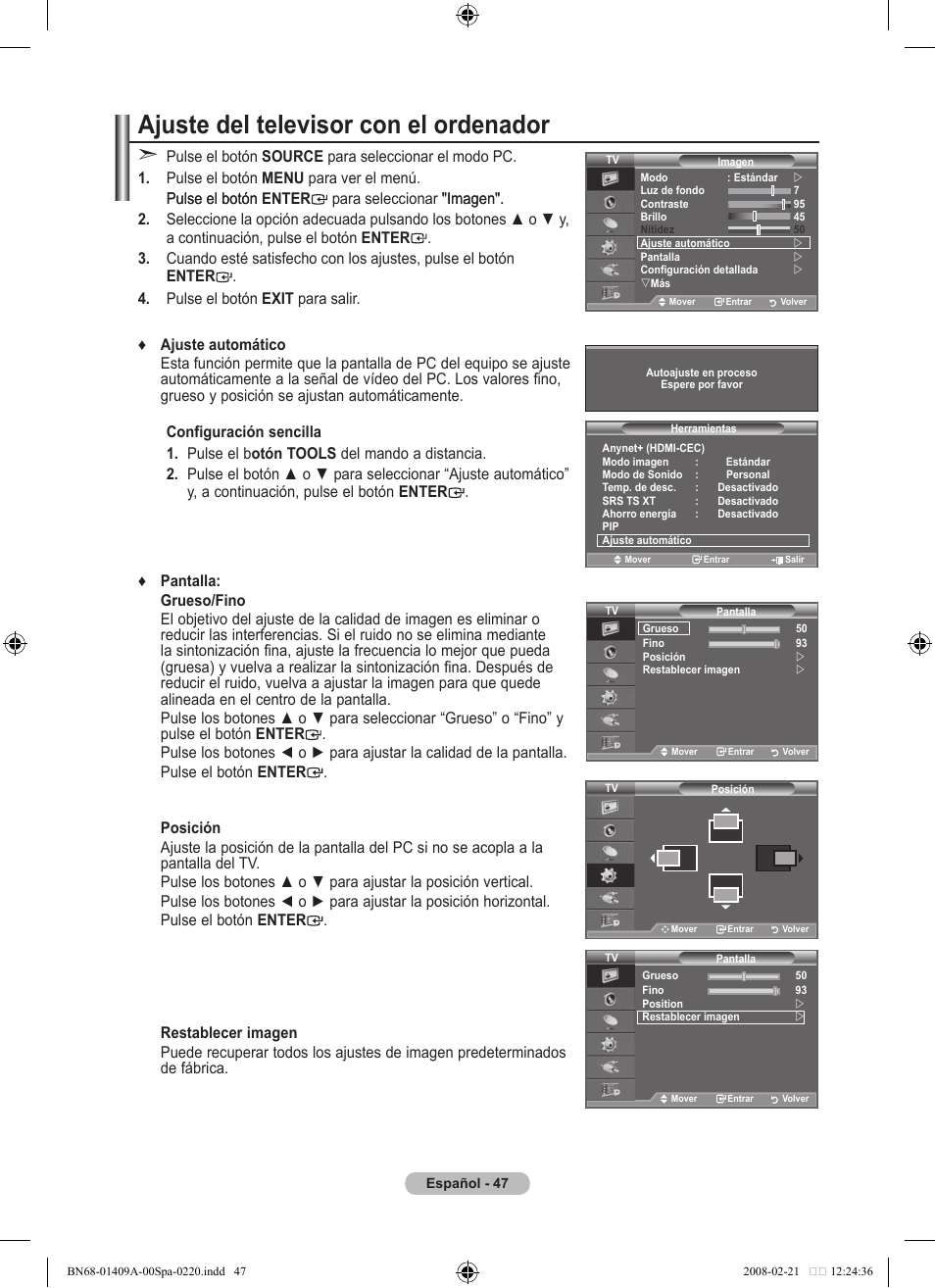 Ajuste del televisor con el ordenador | Samsung LE40A556P1F User Manual | Page 401 / 564