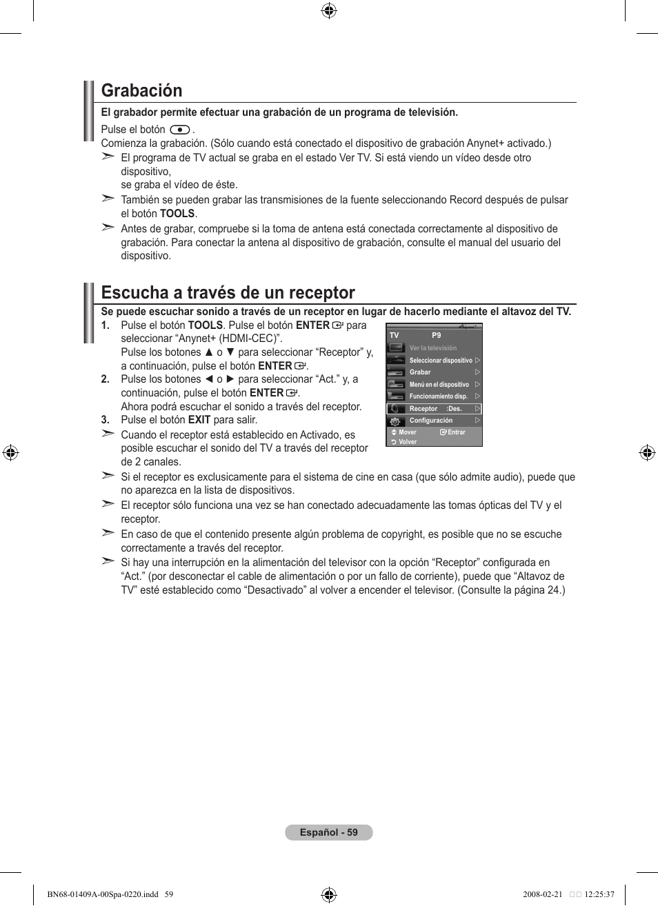 Escucha a través de un receptor, Grabación | Samsung LE40A556P1F User Manual | Page 413 / 564