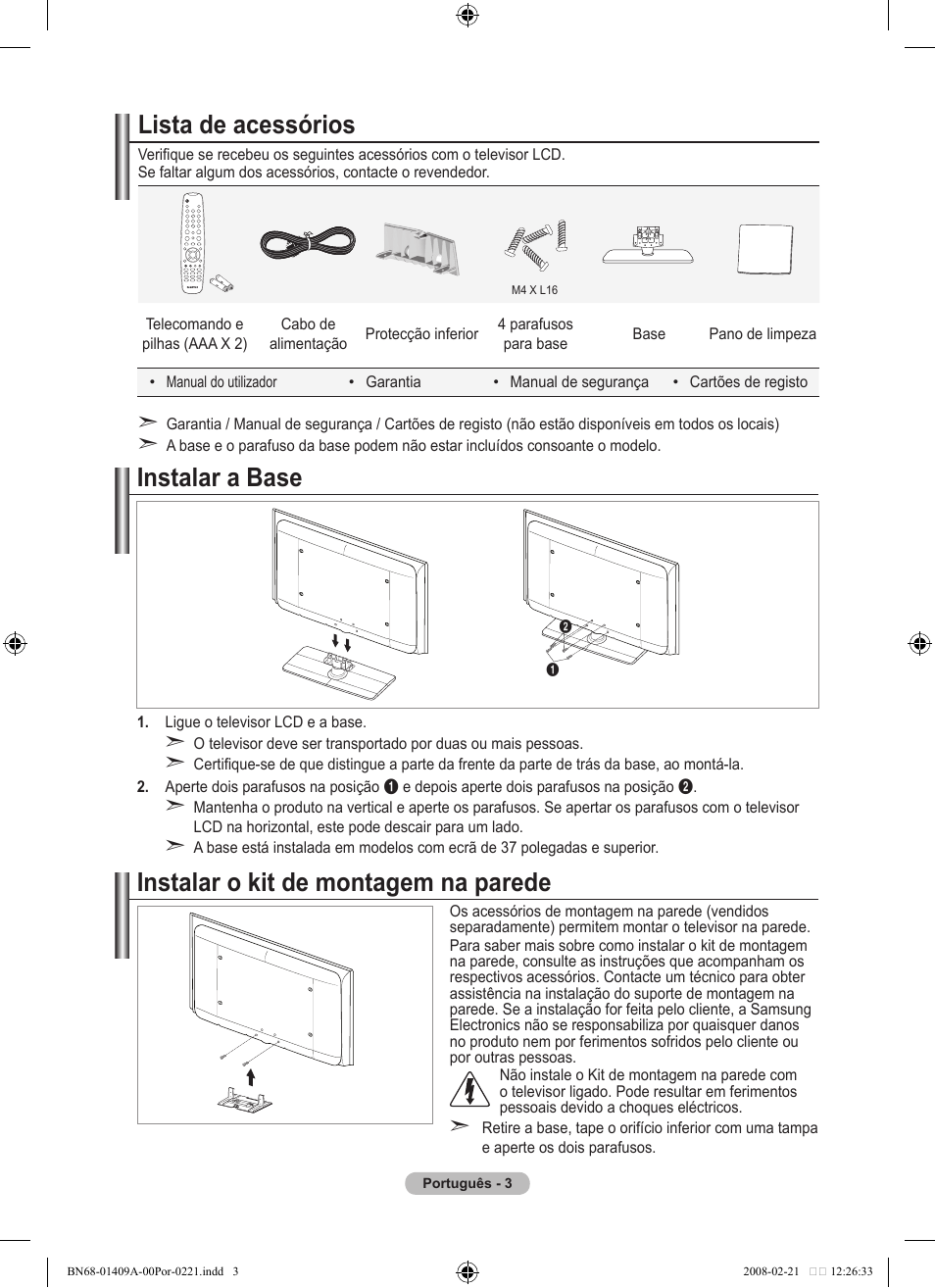 Lista de acessórios, Instalar o kit de montagem na parede, Instalar a base | Samsung LE40A556P1F User Manual | Page 427 / 564