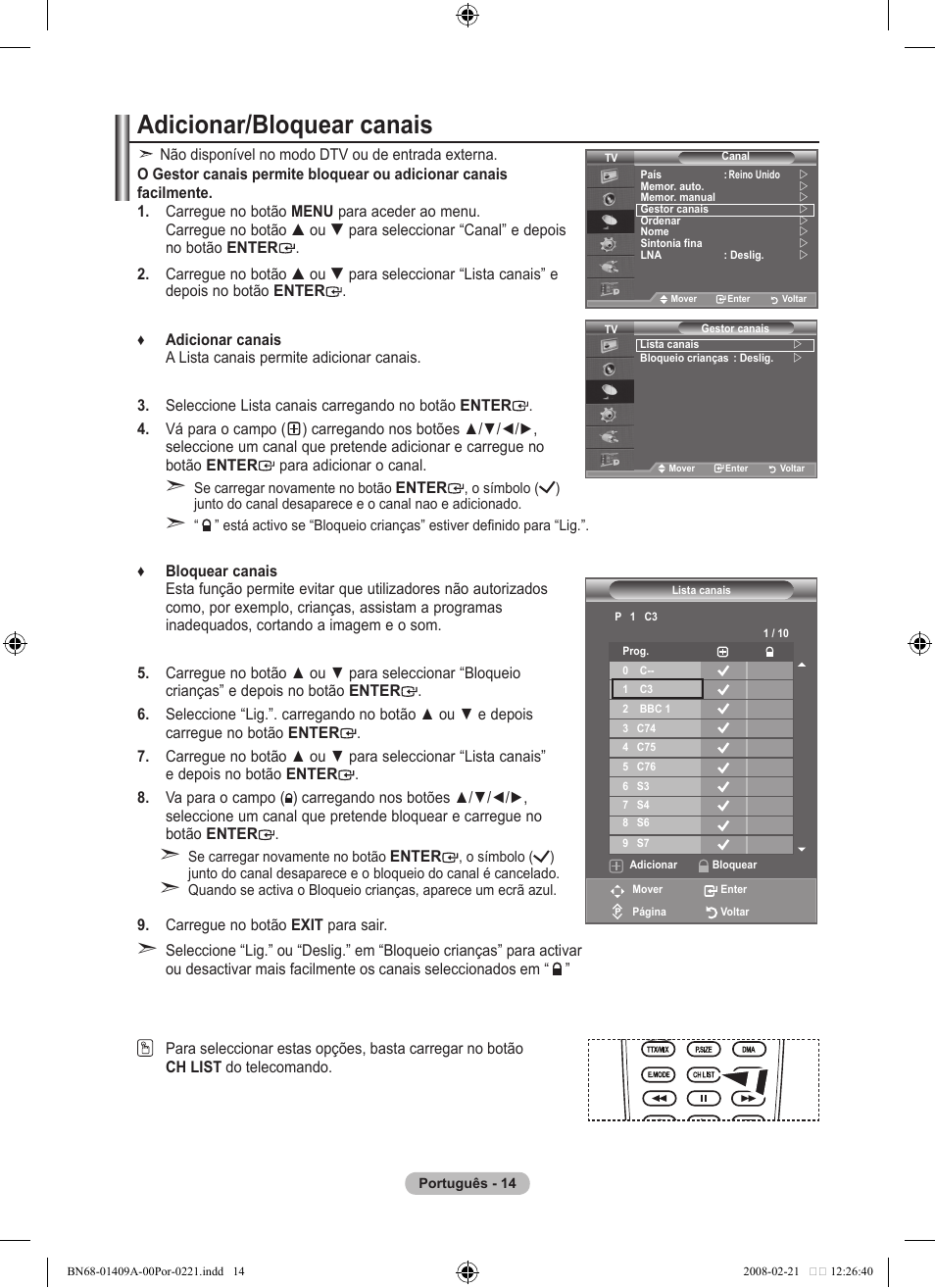 Adicionar/bloquear canais | Samsung LE40A556P1F User Manual | Page 438 / 564