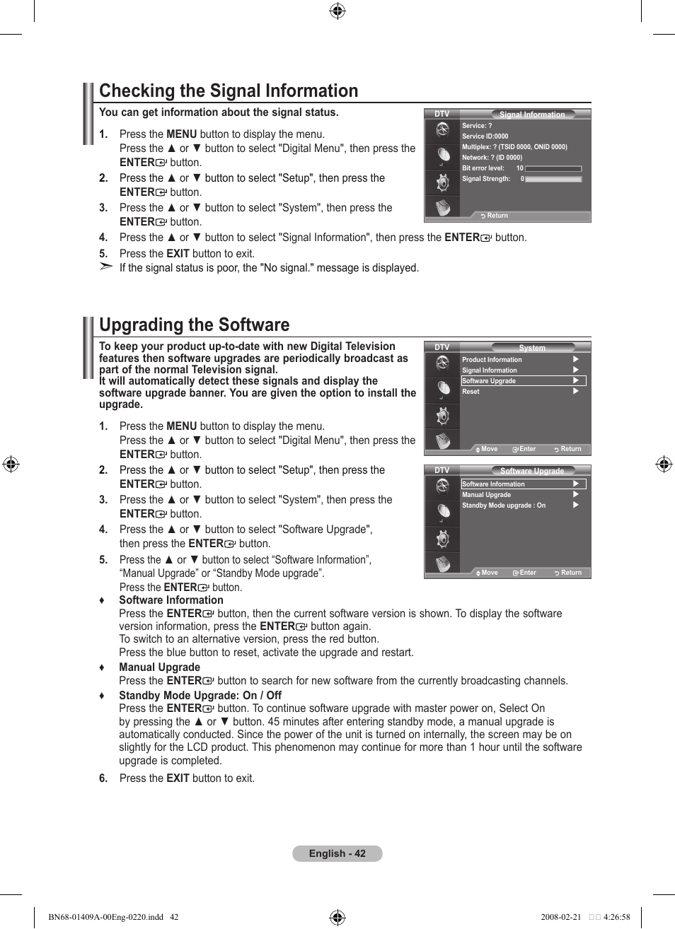 Checking the signal information, Upgrading the software | Samsung LE40A556P1F User Manual | Page 44 / 564