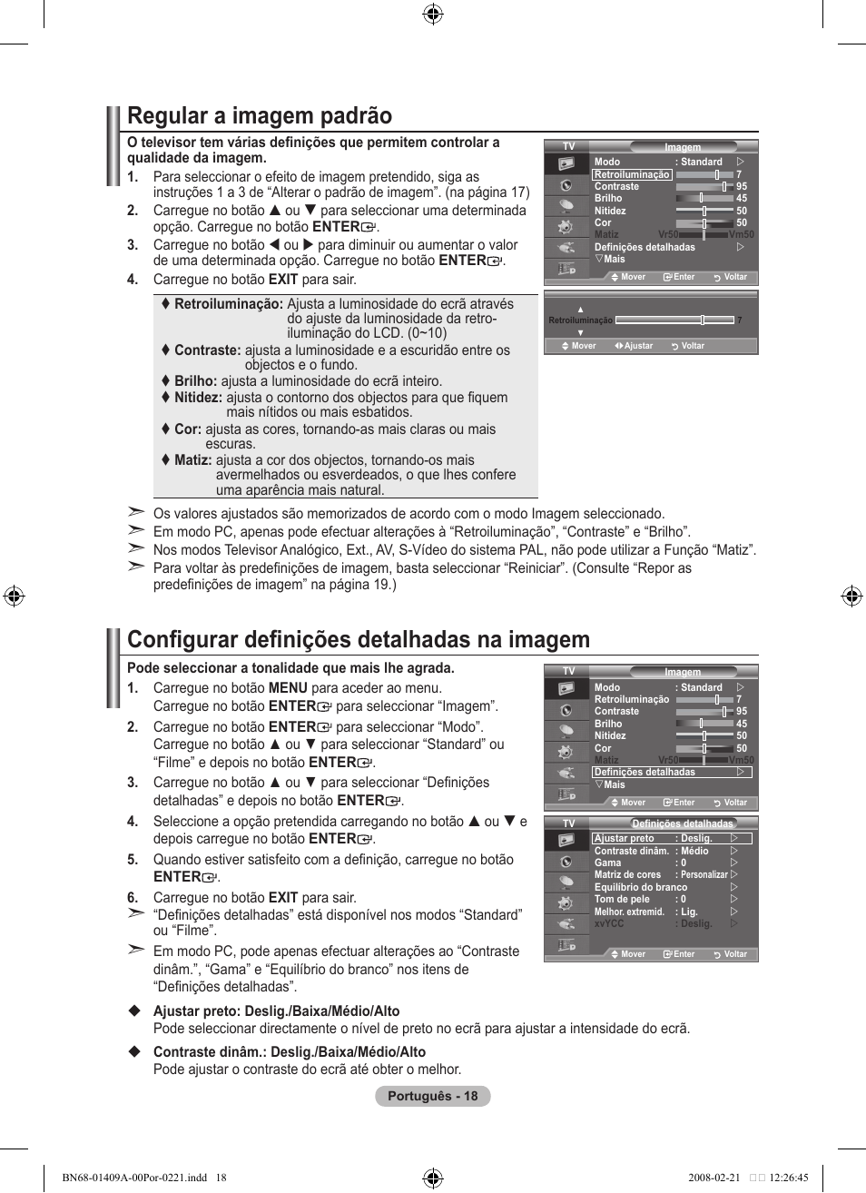 Regular a imagem padrão, Configurar definições detalhadas na imagem | Samsung LE40A556P1F User Manual | Page 442 / 564