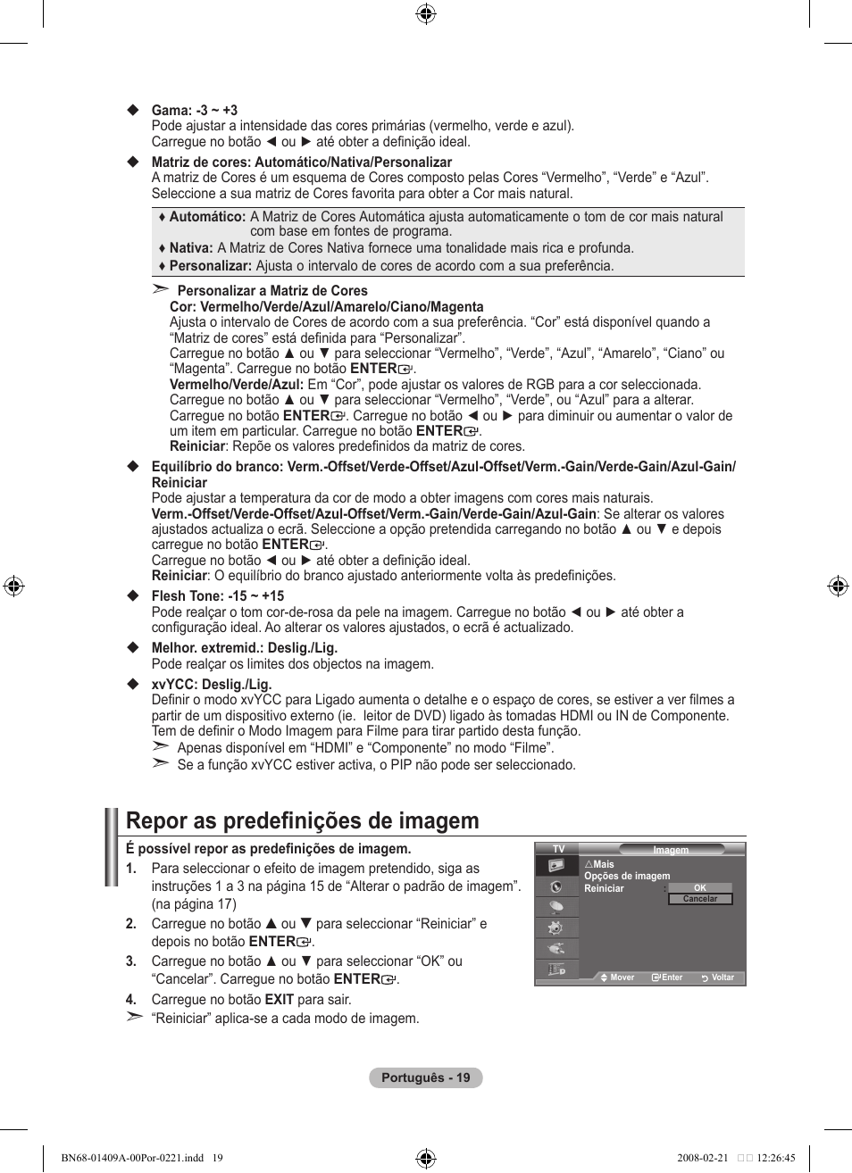 Repor as predefinições de imagem | Samsung LE40A556P1F User Manual | Page 443 / 564