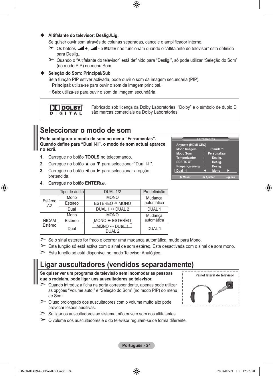 Seleccionar o modo de som, Ligar auscultadores (vendidos separadamente) | Samsung LE40A556P1F User Manual | Page 448 / 564