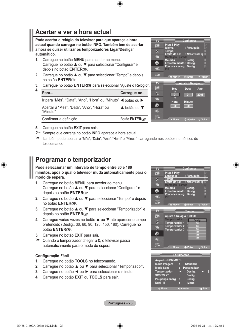Acertar e ver a hora actual, Programar o temporizador, Enter | Samsung LE40A556P1F User Manual | Page 449 / 564