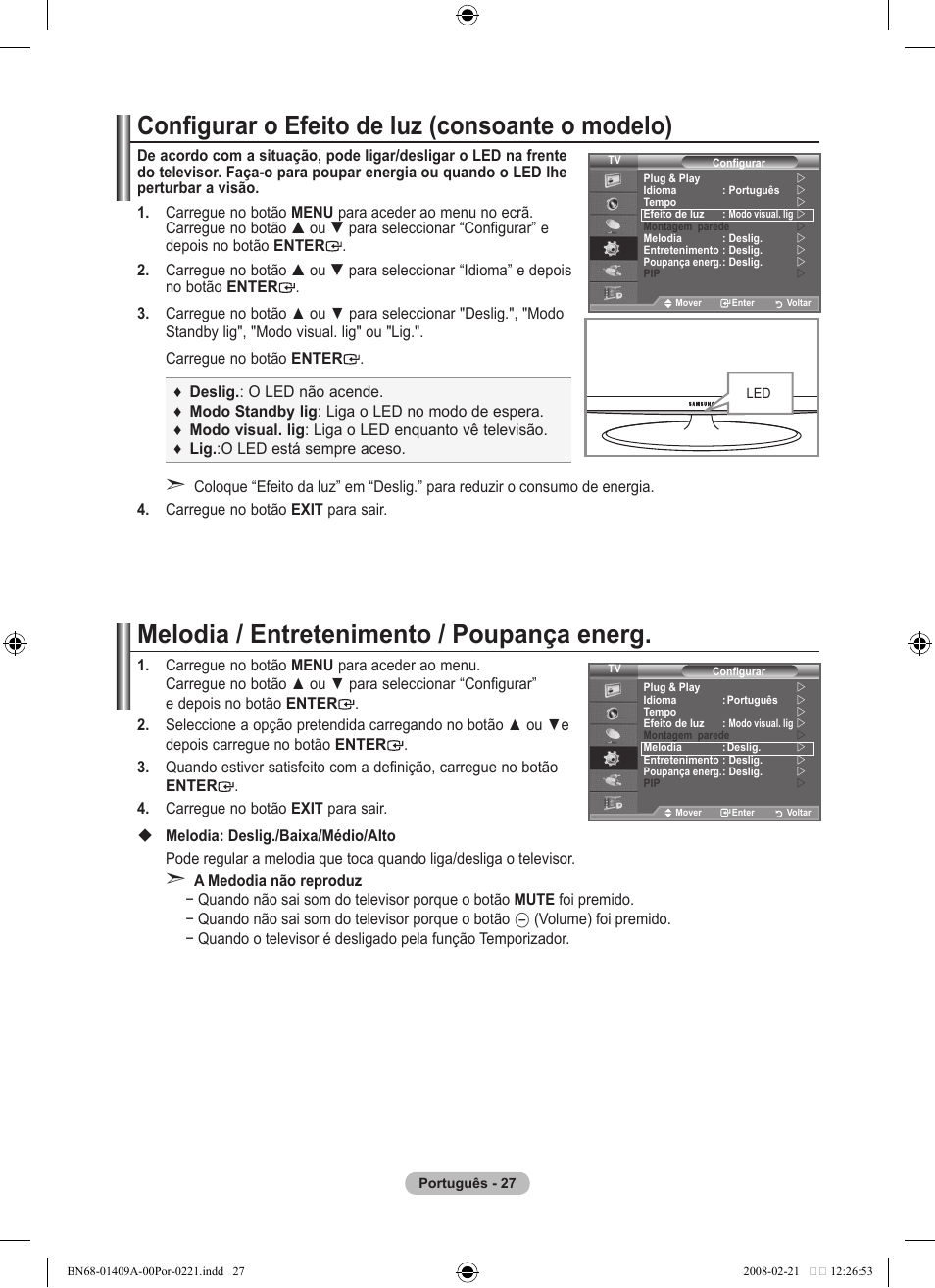 Melodia / entretenimento / poupança energ, Configurar o efeito de luz (consoante o modelo) | Samsung LE40A556P1F User Manual | Page 451 / 564