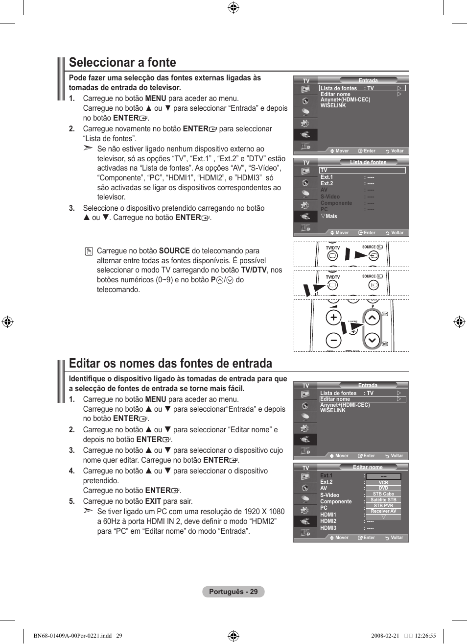 Seleccionar a fonte, Editar os nomes das fontes de entrada, Do telecomando | Samsung LE40A556P1F User Manual | Page 453 / 564