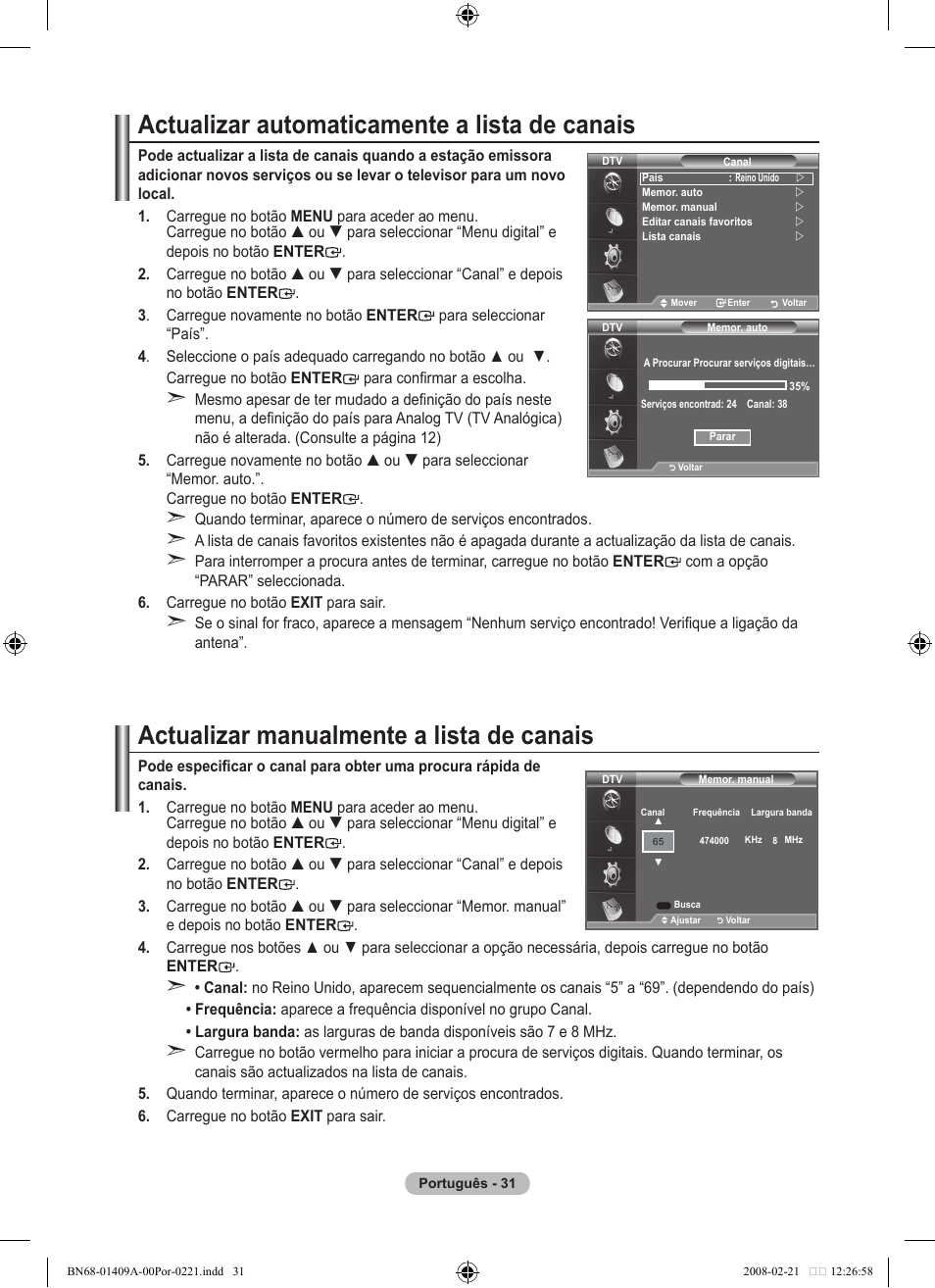 Actualizar automaticamente a lista de canais, Actualizar manualmente a lista de canais | Samsung LE40A556P1F User Manual | Page 455 / 564