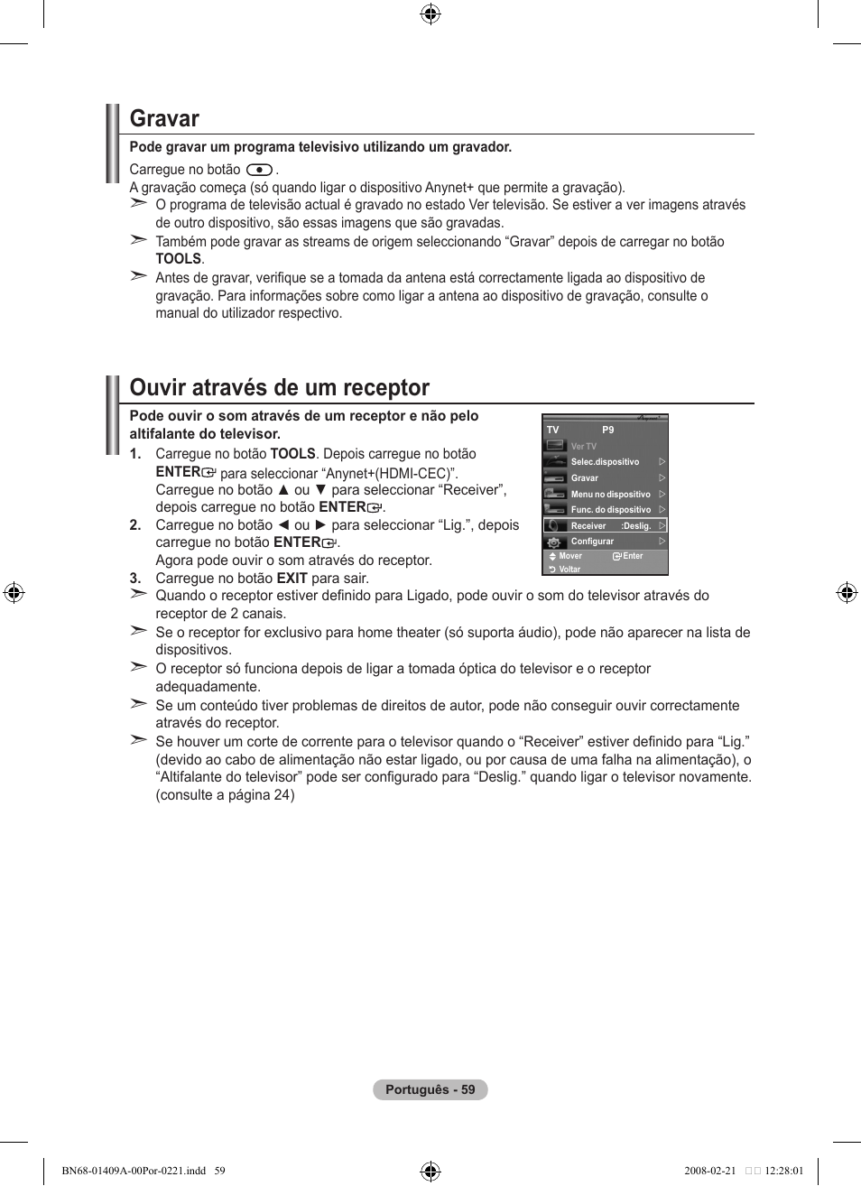 Ouvir através de um receptor, Gravar | Samsung LE40A556P1F User Manual | Page 483 / 564