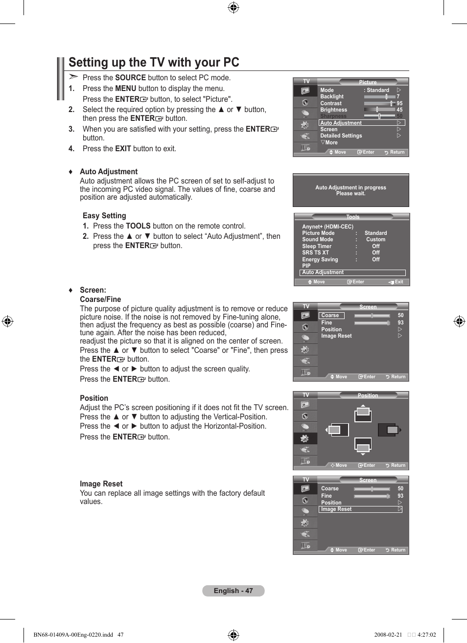 Setting up the tv with your pc | Samsung LE40A556P1F User Manual | Page 49 / 564