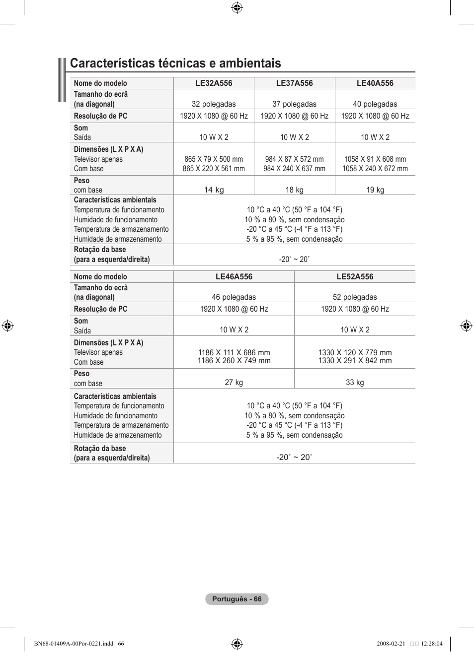 Características técnicas e ambientais | Samsung LE40A556P1F User Manual | Page 490 / 564
