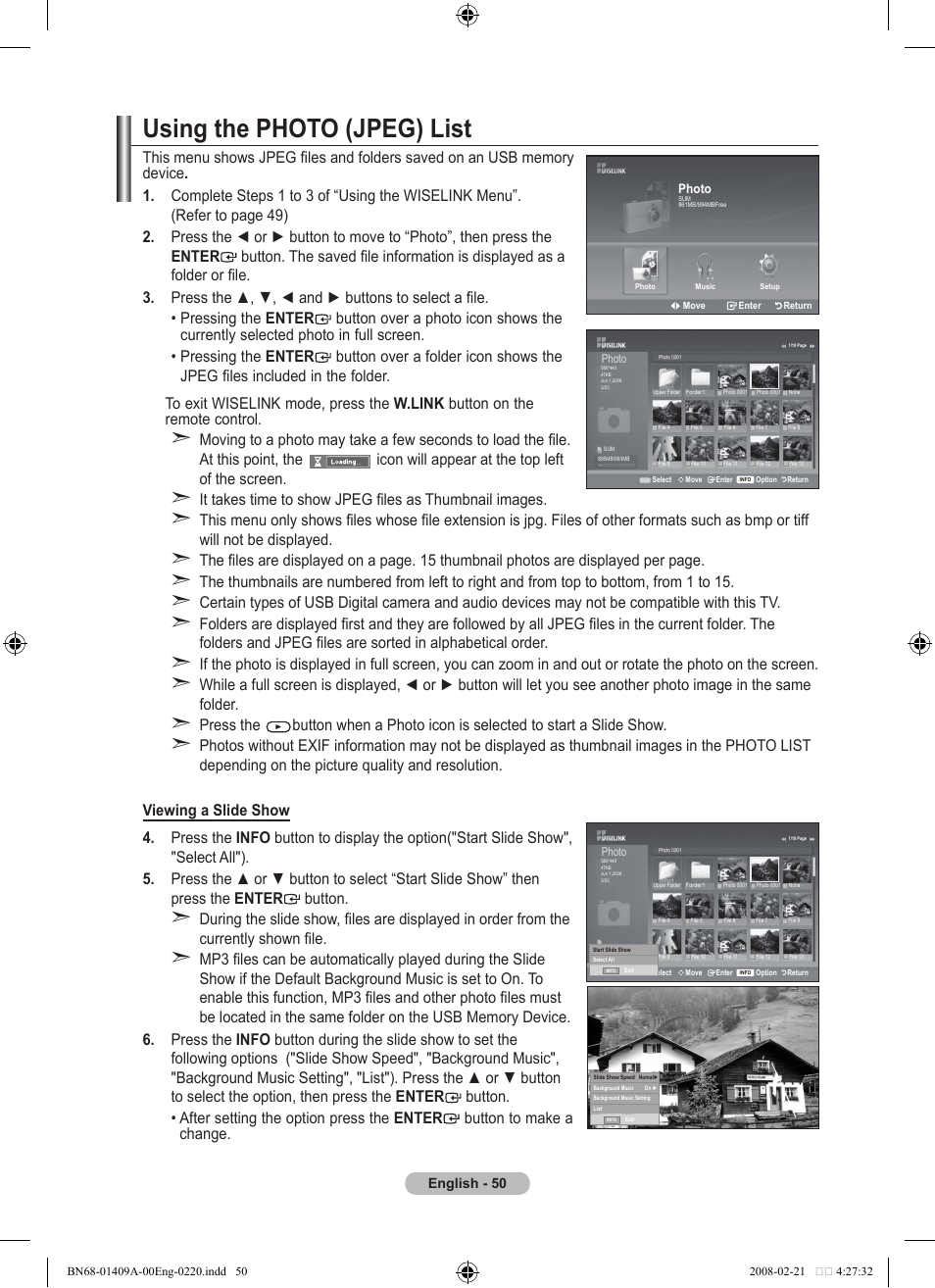 Using the photo (jpeg) list | Samsung LE40A556P1F User Manual | Page 52 / 564