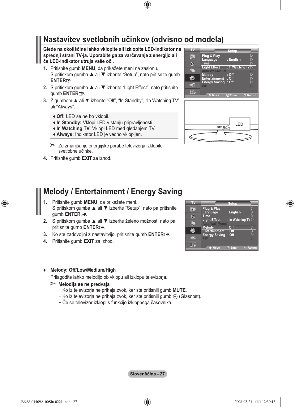 Nastavitev svetlobnih učinkov (odvisno od modela), Melody �� entertainment �� energy saving | Samsung LE40A556P1F User Manual | Page 521 / 564