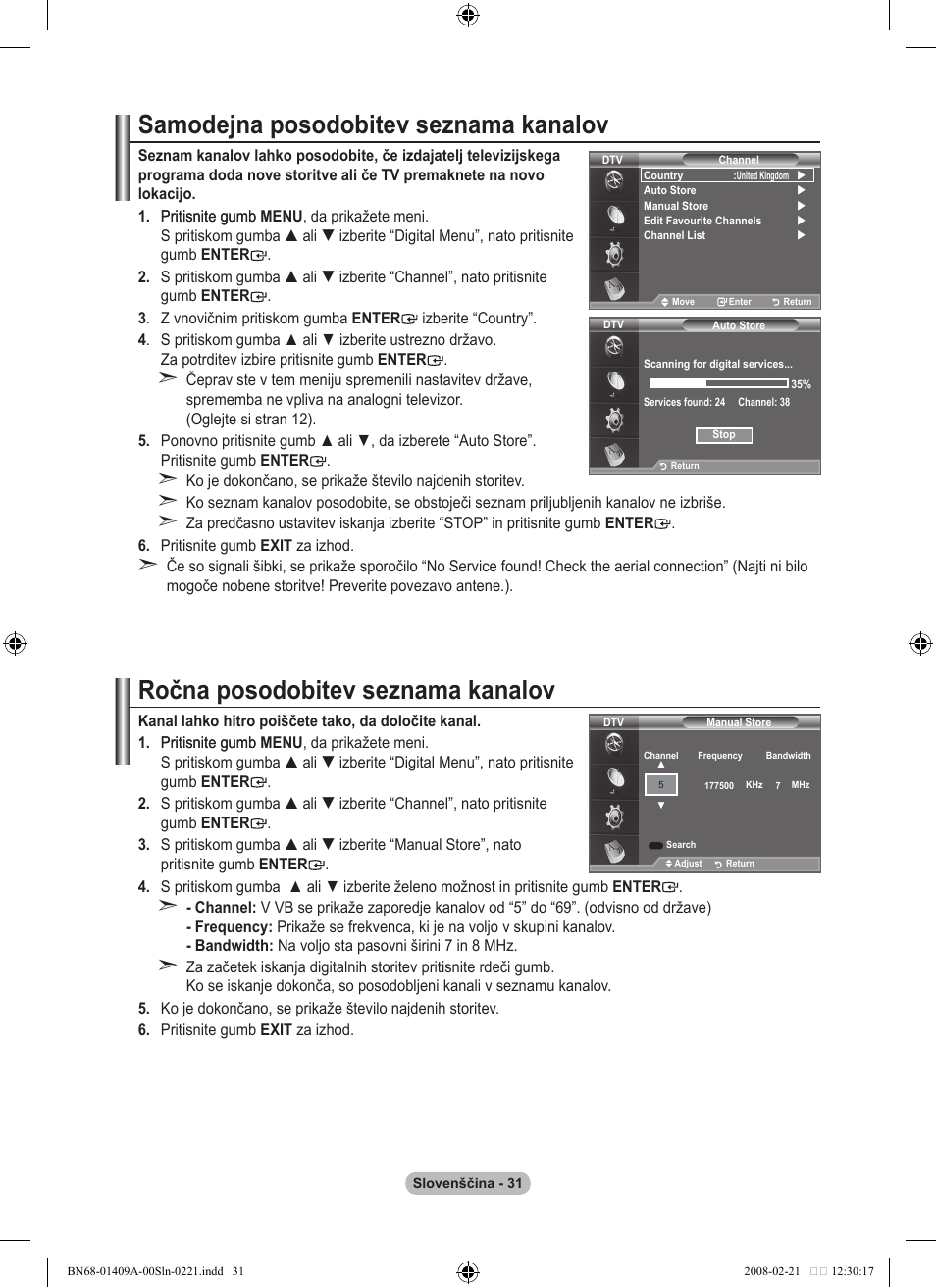 Samodejna posodobitev seznama kanalov, Ročna posodobitev seznama kanalov | Samsung LE40A556P1F User Manual | Page 525 / 564