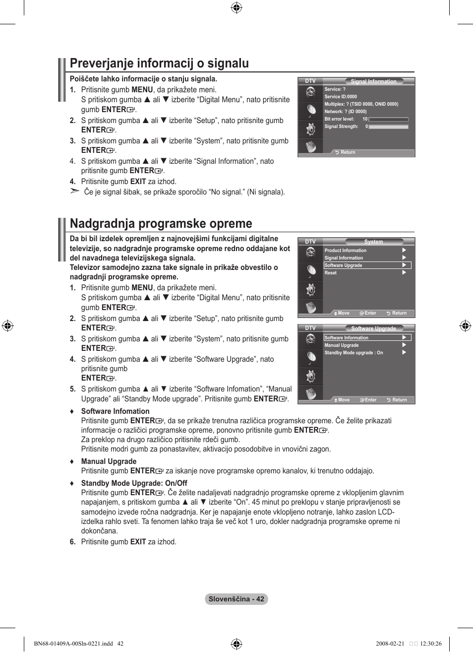 Preverjanje informacij o signalu, Nadgradnja programske opreme | Samsung LE40A556P1F User Manual | Page 536 / 564