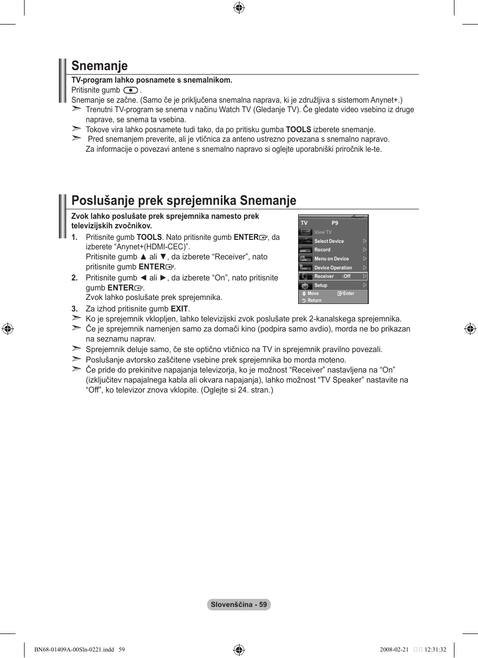 Poslušanje prek sprejemnika snemanje, Snemanje | Samsung LE40A556P1F User Manual | Page 553 / 564