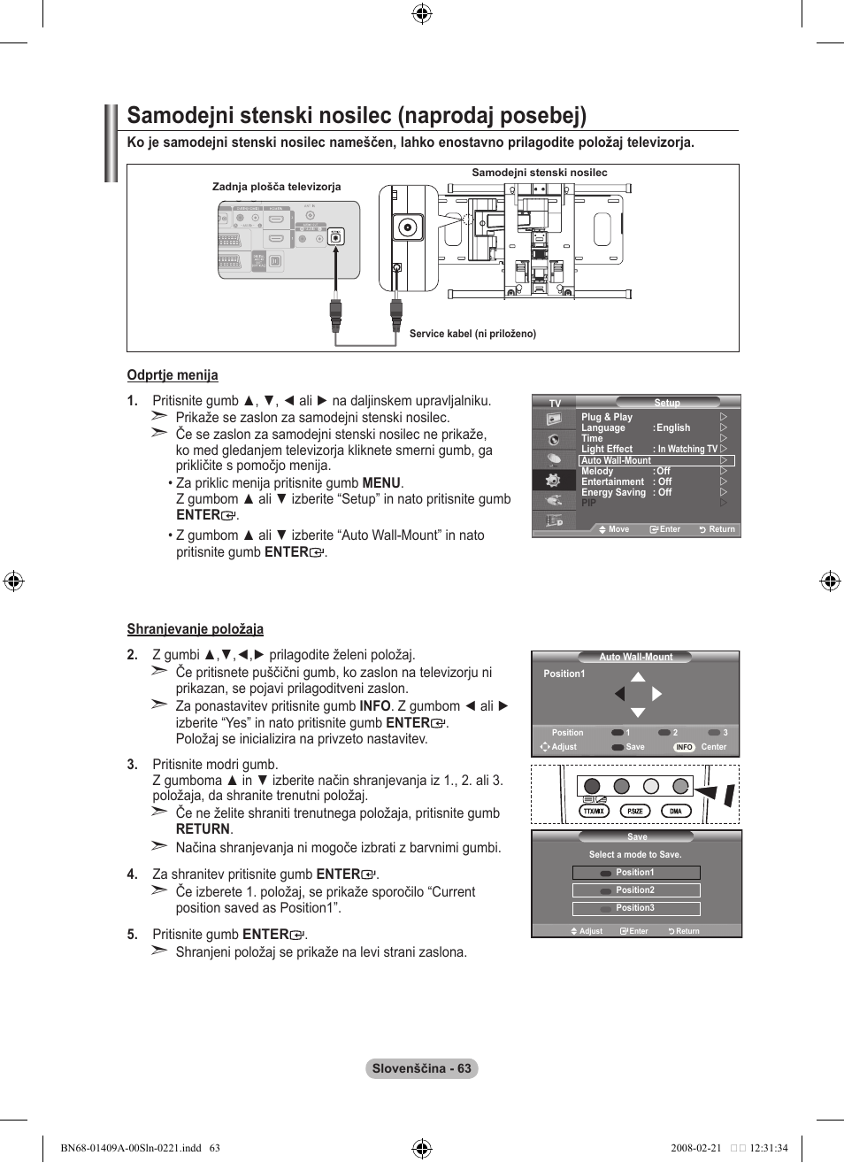 Samodejni stenski nosilec (naprodaj posebej) | Samsung LE40A556P1F User Manual | Page 557 / 564